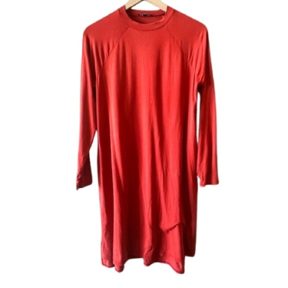 Women's XS Eileen Fisher Jersey Crew Neck Dress Burnt Red Stepped Hem Stretch - Picture 1 of 8